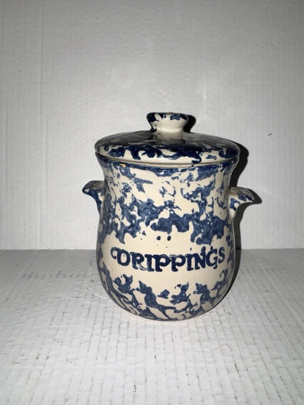 Vintage Blue Spongeware Stoneware Drippings Crock Grease Jar w/Lid Farmhouse